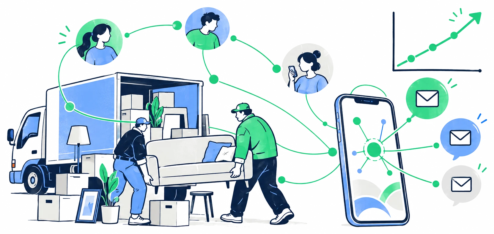 トラックから荷物を運ぶ作業員と、スマートフォンに届く問い合わせのイラスト