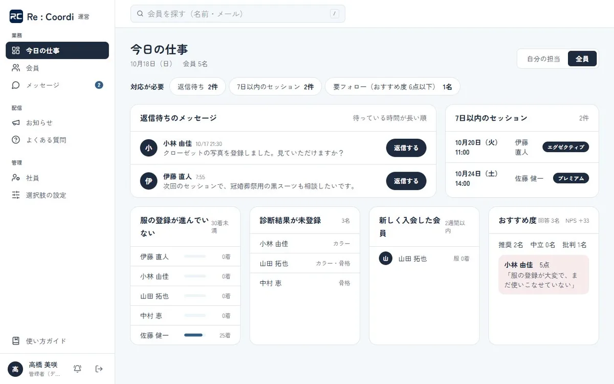 Re:Coordi の運営画面。返信待ちのメッセージや、近日のセッションが一覧で表示されている