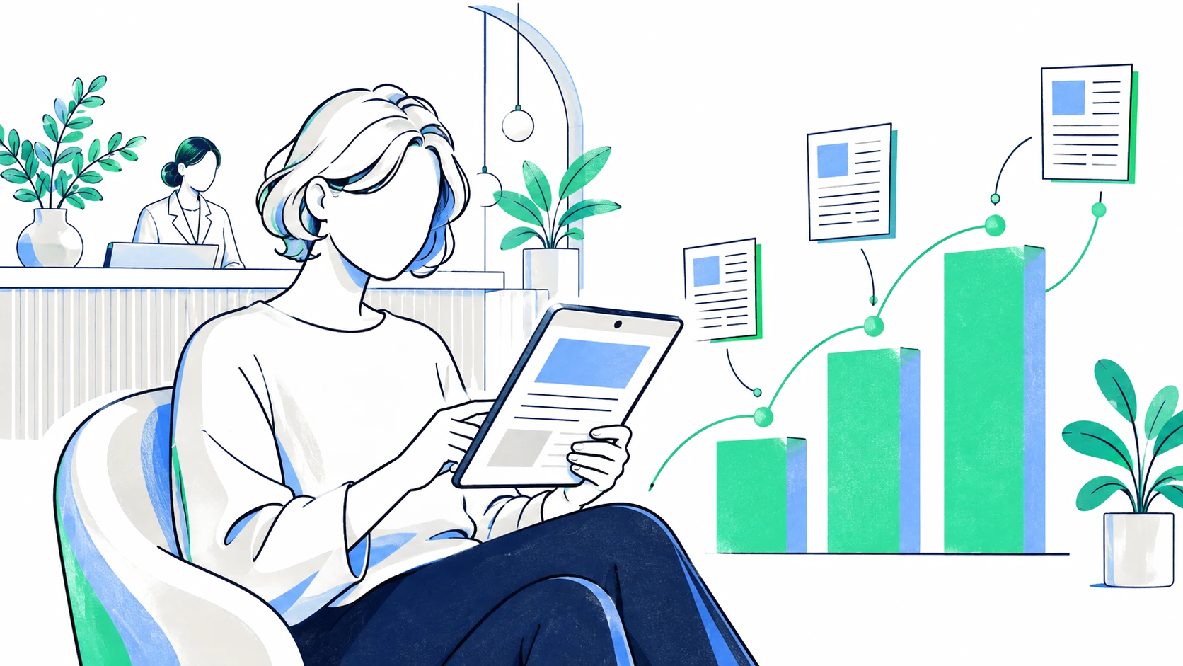 タブレットで記事を読む人と、伸びていく棒グラフのイラスト