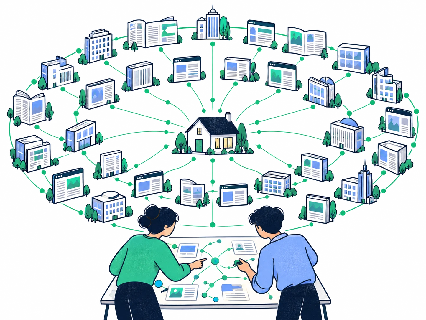 たくさんのメディアが中心のサイトに緑の線でつながり、二人が地図を見ながら計画しているイラスト